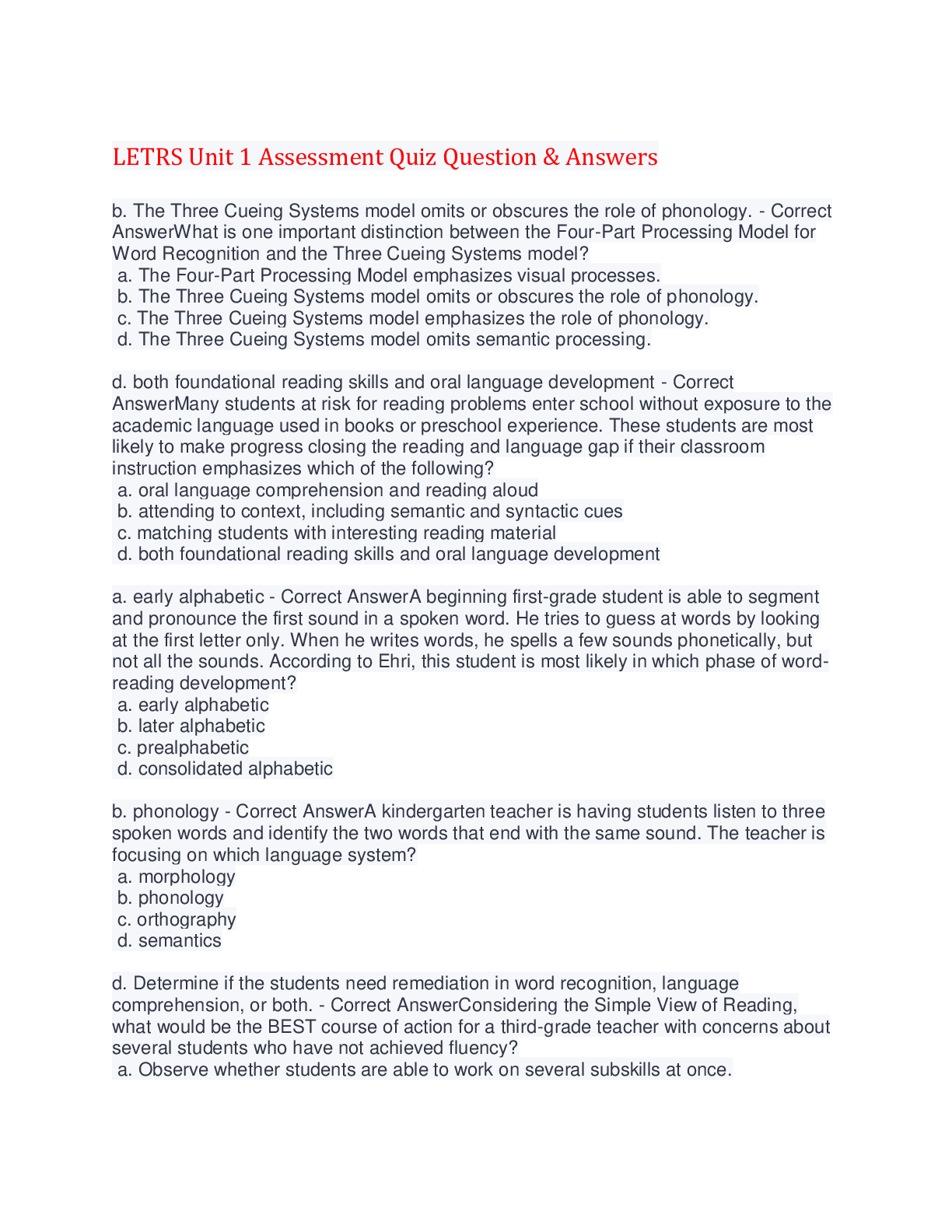 Preview image for LETRS Unit 1 Assessment Quiz Question & Answers,100% CORRECT